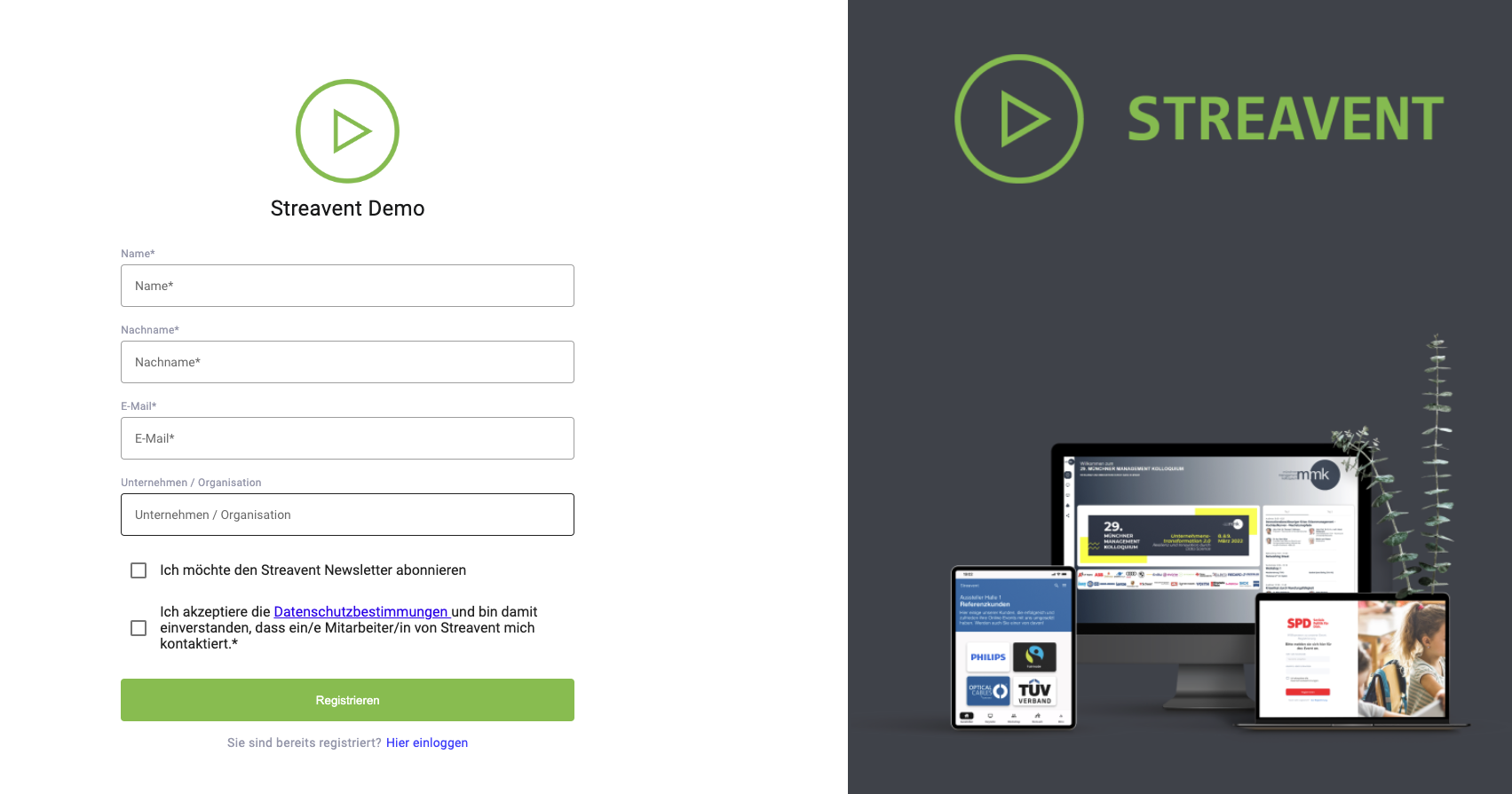 Hier sieht man, wie die Registrierung von Teilnehmern für die Event Plattform aussehen würde. Aus Teilnehmer-Sicht. Es werden bestimmte Informationen abgefragt, bevor der Teilnehmer sich anschließend in der virtuellen Event Plattform einloggen kann.
