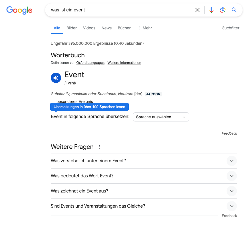 Bild einer Google Suche. Hier ist die Box wichtig, die häufig auftretende Fragen beantwortet.