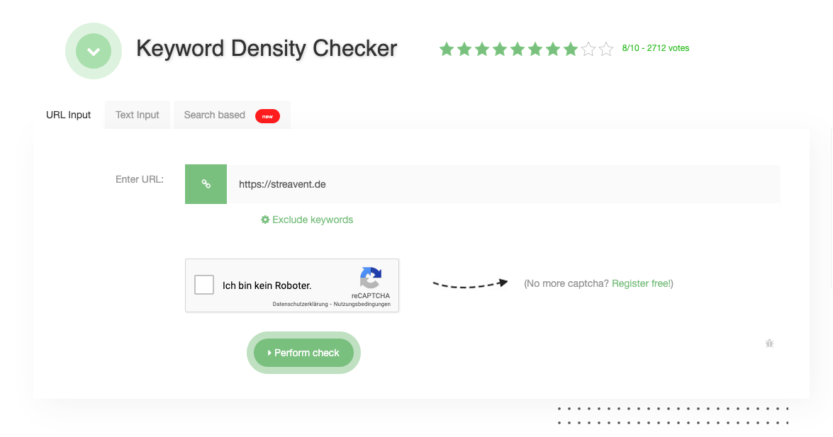 Screenshot von dem Keyword Density Checker, bevor die Überprüfung gestartet hat