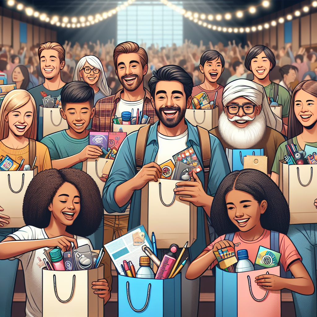 Ein animiertes Bild, auf dem man Teilnehmer eines Events sieht, die ein Goodie Bag erhalten