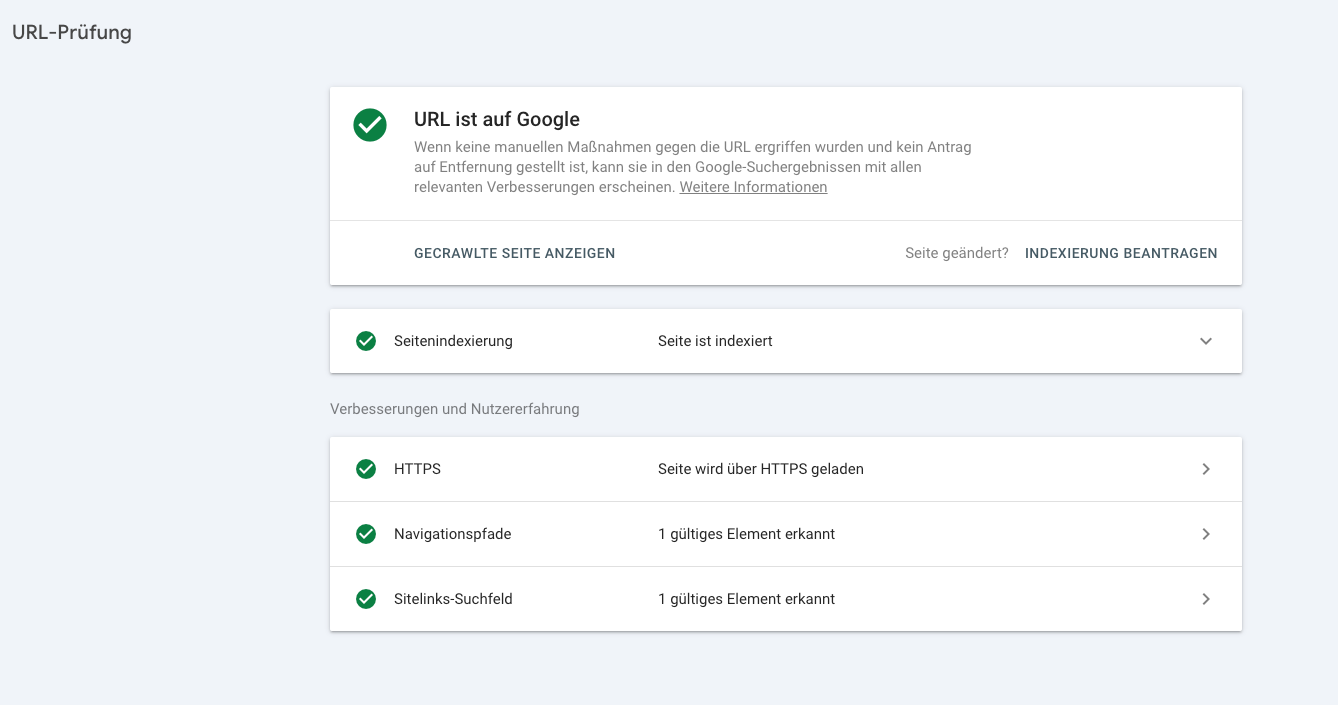 Ergebnis der Überprüfung einer URL in der GSC. Hier sieht man, ob die URL indexiert wurde oder nicht.
