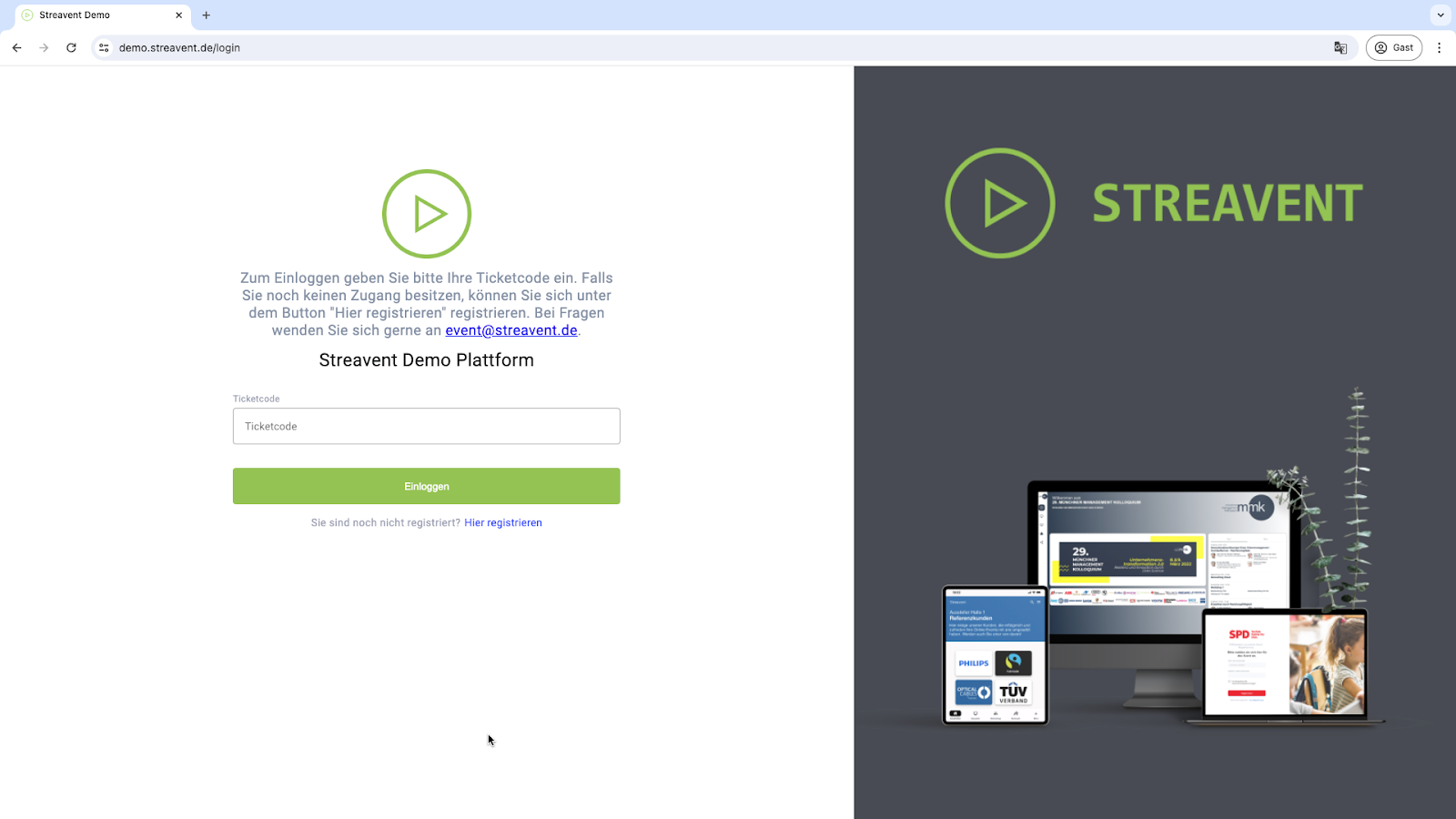 Hier sieht man die Anmeldungsseite der digitalen Event Plattform von Streavent. Teilnehmer, die sich bereits registriert haben, haben einen Ticketcode. Mit diesem Code können sie sich hier über die Anmeldungsseite einloggen und damit dann direkt zugreifen auf die Event Plattform. Aus Teilnehmersicht.