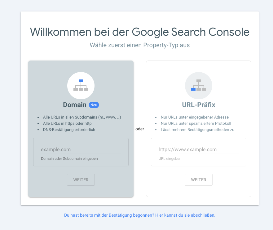 Bild des Start-Bereichs der Google Search Console. Hier kann man seine Hauptdomain oder eine URL-Präfix eingeben.